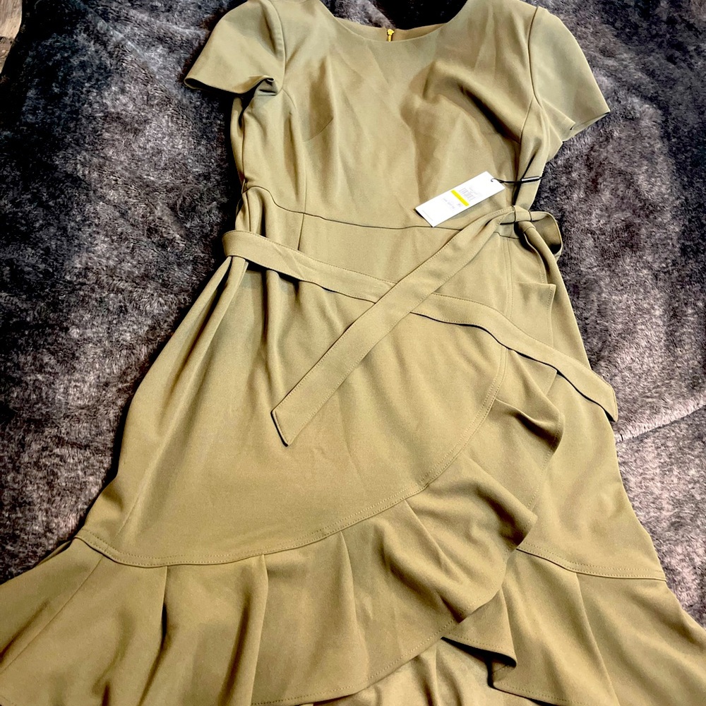 CALVIN KLEIN Short Sleeve Ruffled Tulip-Hem Dress Belt Exposed Zipper